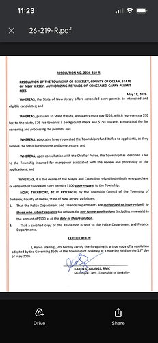 Berkeley Township CCW Refund Resolution
